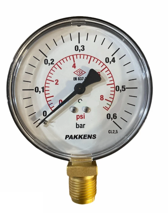 Manometr quru tipli (0-0,6 bar 50 mm, G1/4"B alt bağlantı, metal korpus) Pakkens 0501000101MG