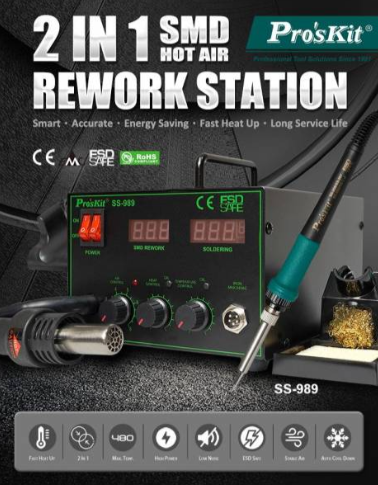 Hot air çoxfunksiyalı rəqəmsal lehimləmə stansiyası Pro'skit SS-989B