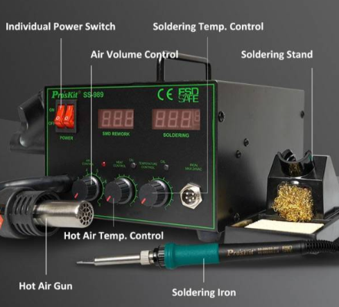 Hot air çoxfunksiyalı rəqəmsal lehimləmə stansiyası Pro'skit SS-989B