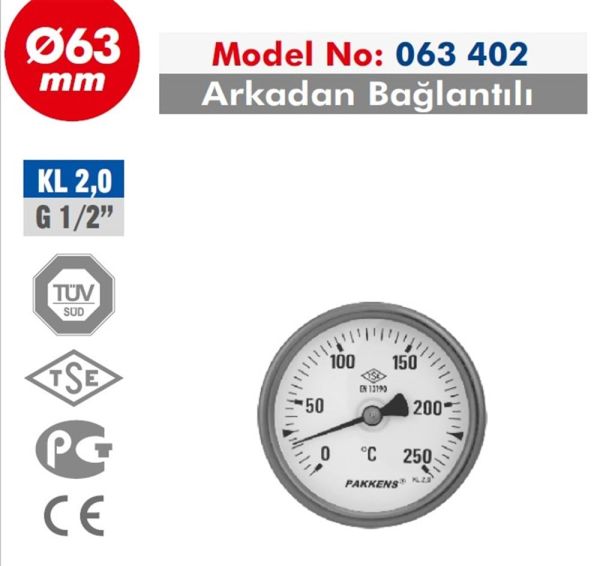 Termometr manometrik arxa bağlantılı 63 mm 5 sm Bimetal Pakkens 0634020105