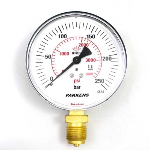 Manometr quru tipli (0-250 bar 50 mm, G1/4"B alt bağlantı) Pakkens 0501000114