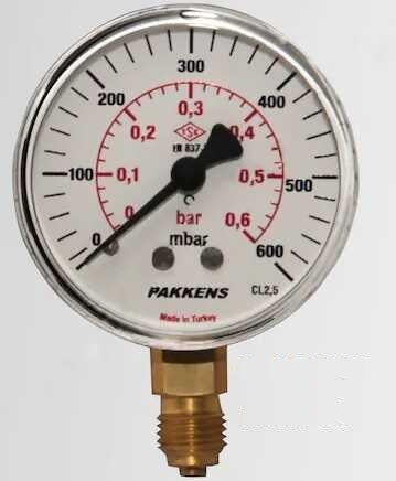 Manometr quru tipli (0-600 bar 50 mm, G1/4"B alt bağlantı metal gövdə) Pakkens 0501000118MG