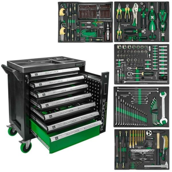Alətlər üçün iş masası Rockforce, 7 bölməli / 274 ədəd / yaşıl, RF-55300